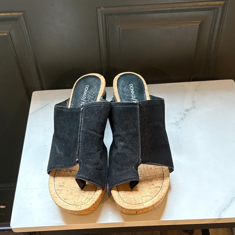 Donald J. Pliner Black Suede Cork Wedge Mules